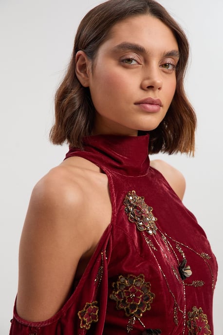 Velvet Cold Shoulder 3D Floral Applique Woven Maxi Dress - Image 3