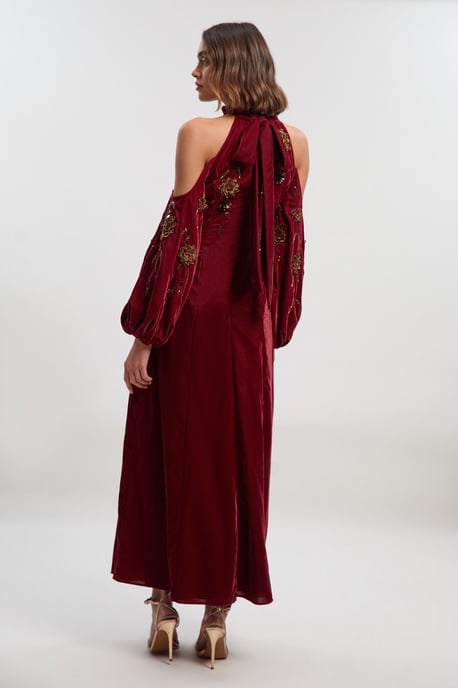 Velvet Cold Shoulder 3D Floral Applique Woven Maxi Dress - Image 4