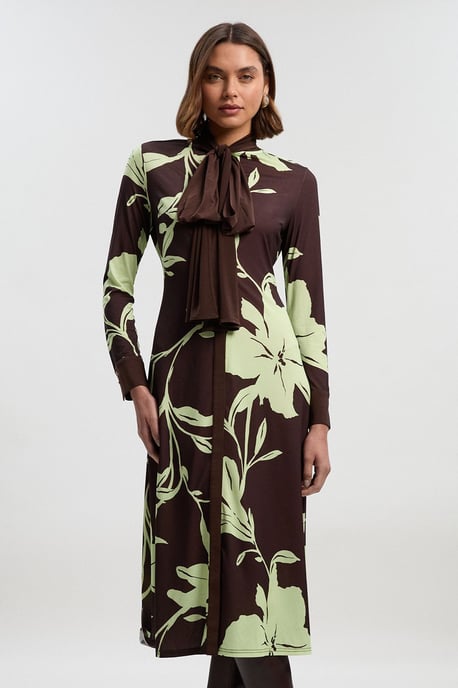 Petite Floral Print Bow Detail Ruched Long Sleeve Crepe Maxi Dress - Image 1