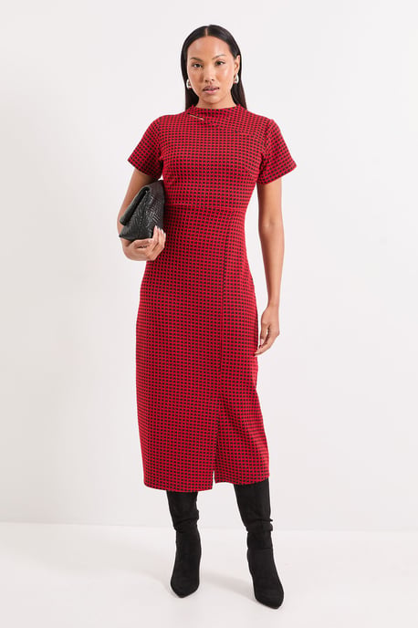 Red Keyhole Detail Geo Ponte Midi Dress - Image 1