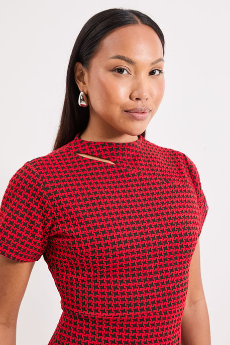 Red Keyhole Detail Geo Ponte Midi Dress - Image 4