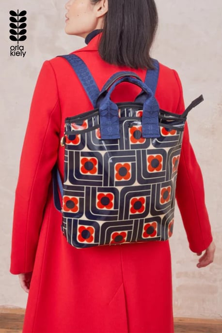 Navy Geometric Floral Print Backpack With Laptop Sleeve - Image 1