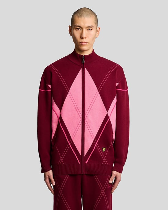 Lyle & Scott Argyle Stickad Träningsjacka - Vinröd - Image 1