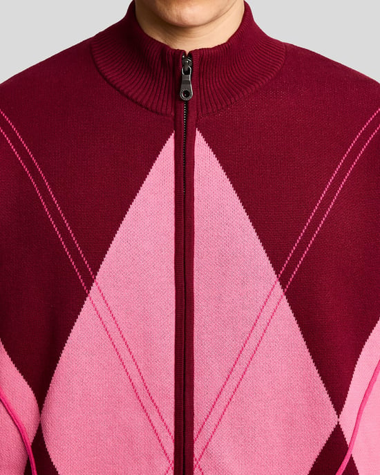 Lyle & Scott Argyle Stickad Träningsjacka - Vinröd - Image 3