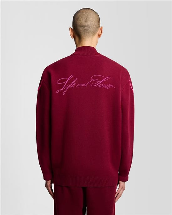 Lyle & Scott Argyle Stickad Träningsjacka - Vinröd - Image 4