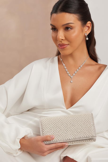 Bridal White Pearl Embellished Clutch Bag - Image 1