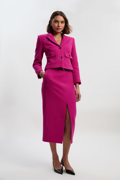 Textured Tweed Tailored Belted Pencil Skirt - Image 1
