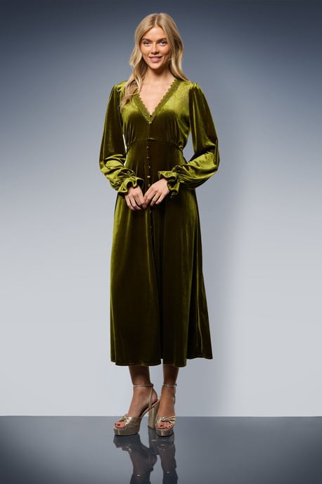 Velvet Lace Trim Button Through Midi Dress - Image 1
