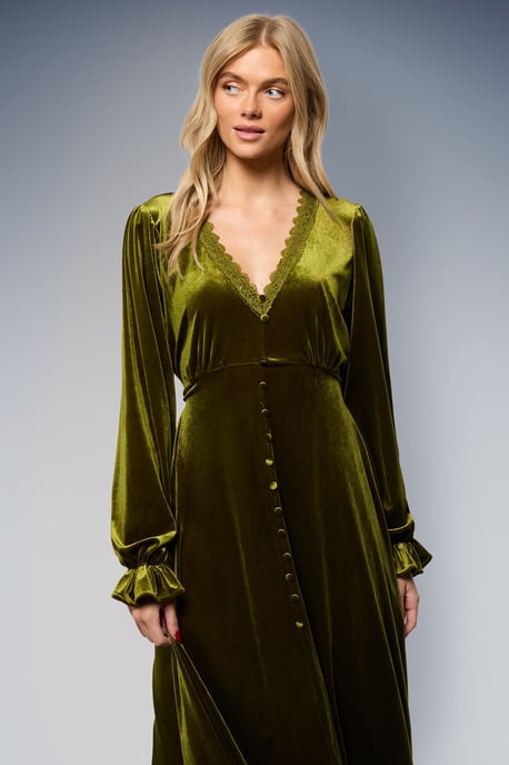 Velvet Lace Trim Button Through Midi Dress - Image 2