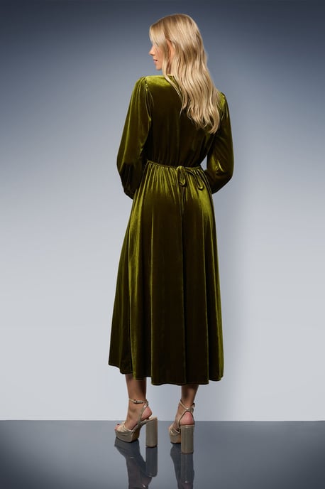 Velvet Lace Trim Button Through Midi Dress - Image 3