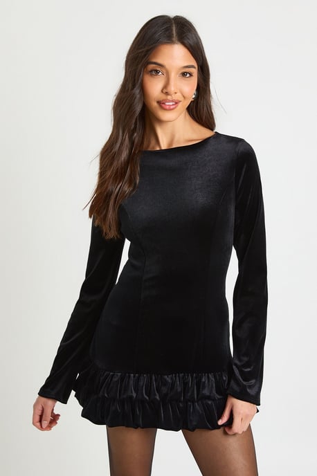 Velvet Ruffle Hem Long Sleeve Mini Dress - Image 1