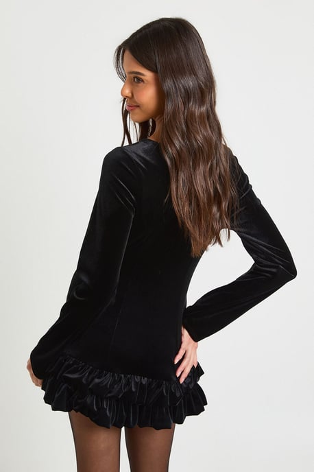 Velvet Ruffle Hem Long Sleeve Mini Dress - Image 2