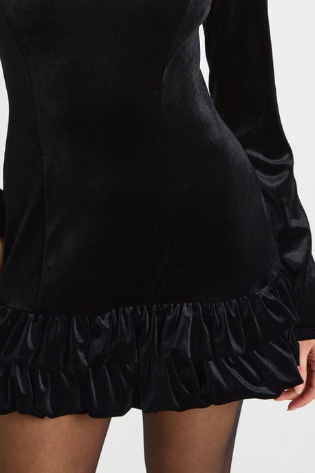 Velvet Ruffle Hem Long Sleeve Mini Dress - Image 4