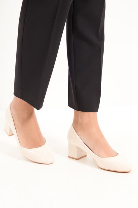 Good For The Sole: Fiorette Faux Patent Leather Padded Comfort Sock Low Block Heeled Court Shoes - Image 2