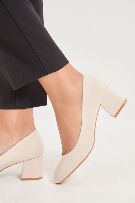 Good For The Sole: Fiorette Faux Patent Leather Padded Comfort Sock Low Block Heeled Court Shoes - Image 4