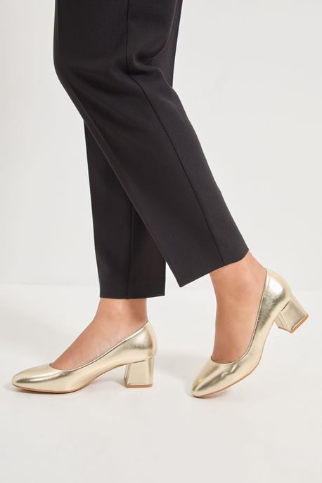 Good For The Sole: Fiorette Faux Metallic Leather Padded Comfort Sock Low Block Heeled Court Shoes - Image 1