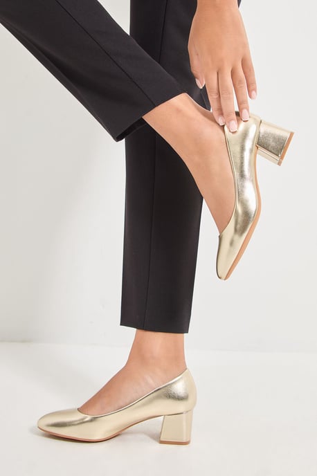 Good For The Sole: Fiorette Faux Metallic Leather Padded Comfort Sock Low Block Heeled Court Shoes - Image 2