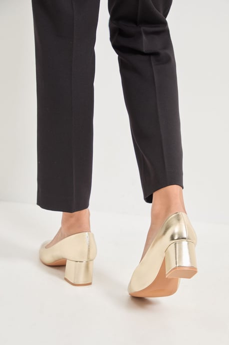 Good For The Sole: Fiorette Faux Metallic Leather Padded Comfort Sock Low Block Heeled Court Shoes - Image 3