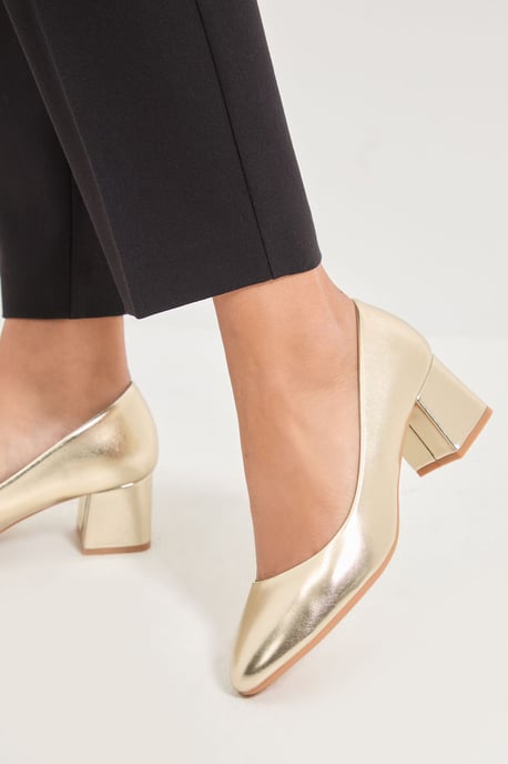 Good For The Sole: Fiorette Faux Metallic Leather Padded Comfort Sock Low Block Heeled Court Shoes - Image 4