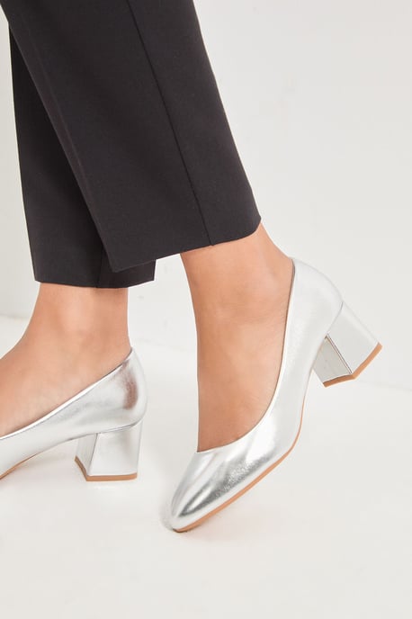 Good For The Sole: Fiorette Faux Metallic Leather Padded Comfort Sock Low Block Heeled Court Shoes - Image 4