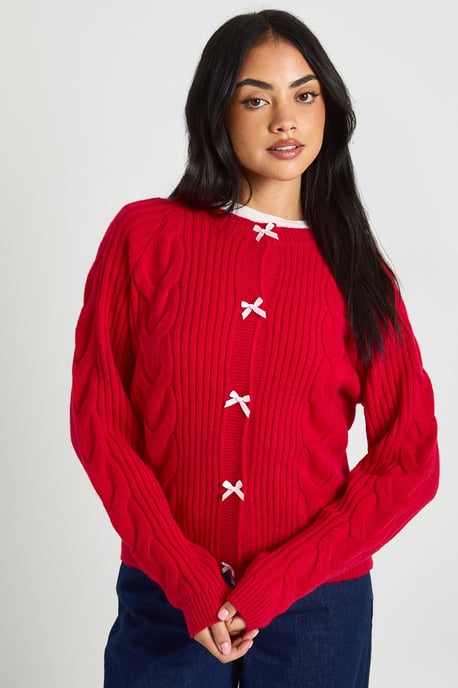 Bow Button Detail Cable Knit Cardigan - Image 3