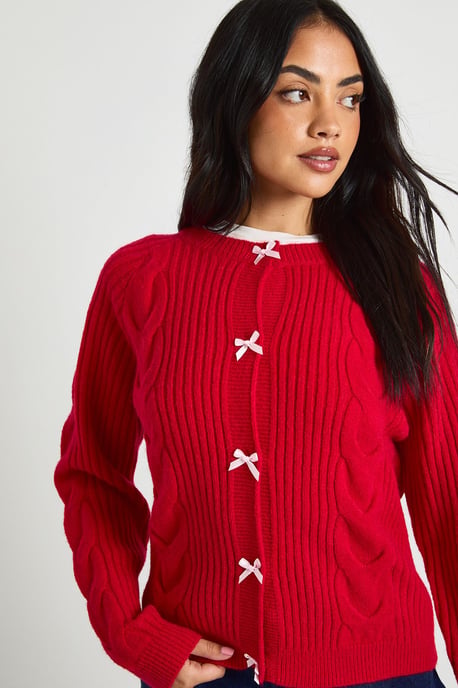 Bow Button Detail Cable Knit Cardigan - Image 4