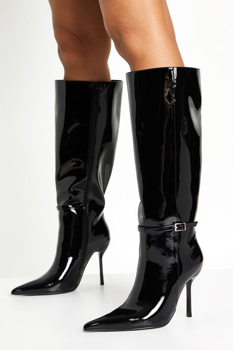 Patent Stiletto Buckle Detail Pointed Toe Knee High Boots - Image 1