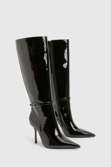 Patent Stiletto Buckle Detail Pointed Toe Knee High Boots - Image 2