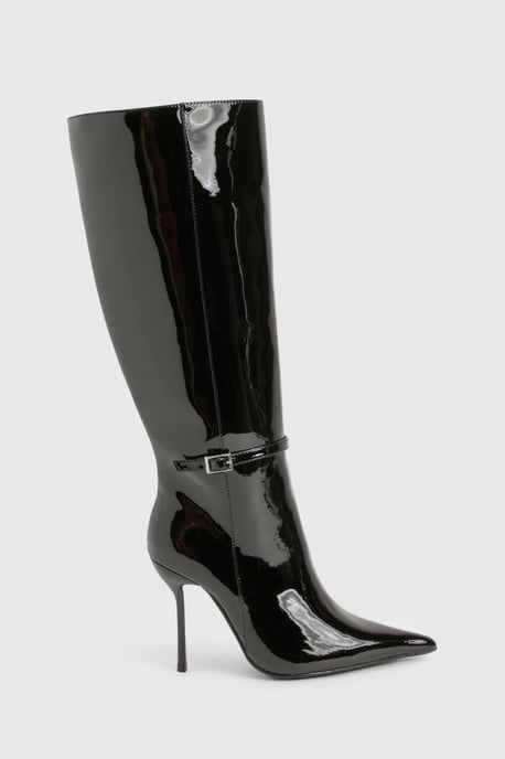 Patent Stiletto Buckle Detail Pointed Toe Knee High Boots - Image 3