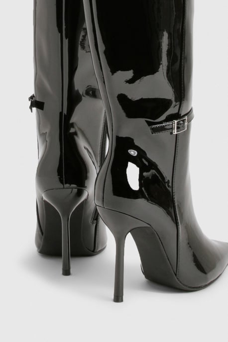 Patent Stiletto Buckle Detail Pointed Toe Knee High Boots - Image 4