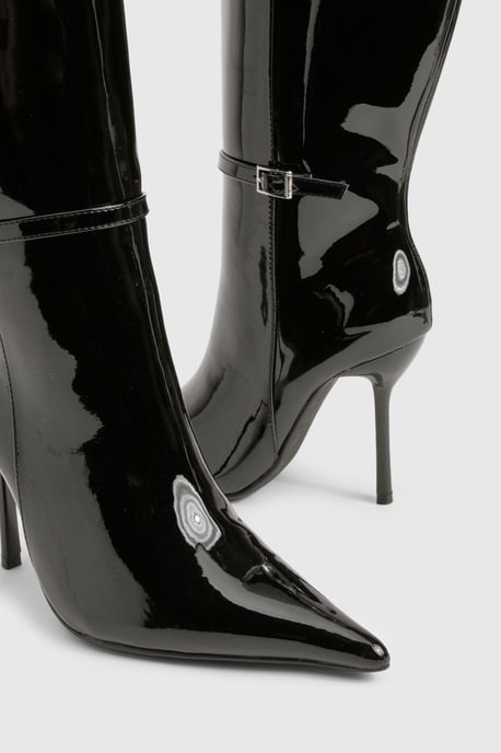 Patent Stiletto Buckle Detail Pointed Toe Knee High Boots - Image 6