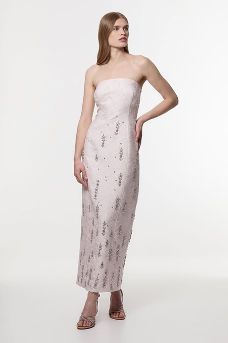 Texture Jacquard Crystal Embellished Strapless Midi Dress - Image 1