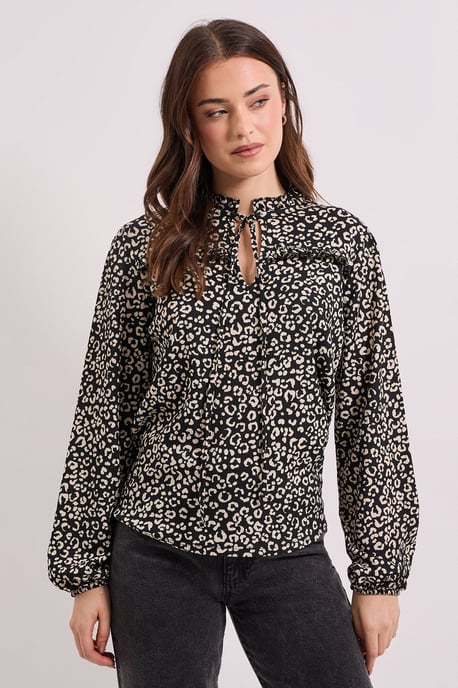 Mono Animal Tie Neck Detail Blouson Sleeve Jersey Top - Image 2