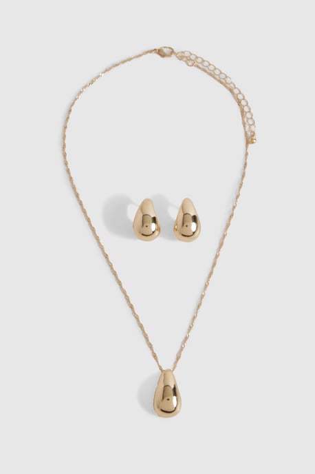 Gold Chunky Tear Drop Necklace & Earring Set - Image 2