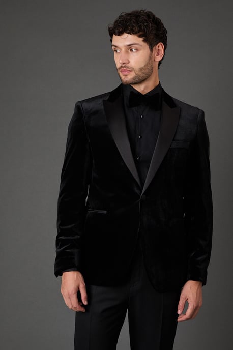 Black Velvet Slim Fit Tuxedo Jacket - Image 1