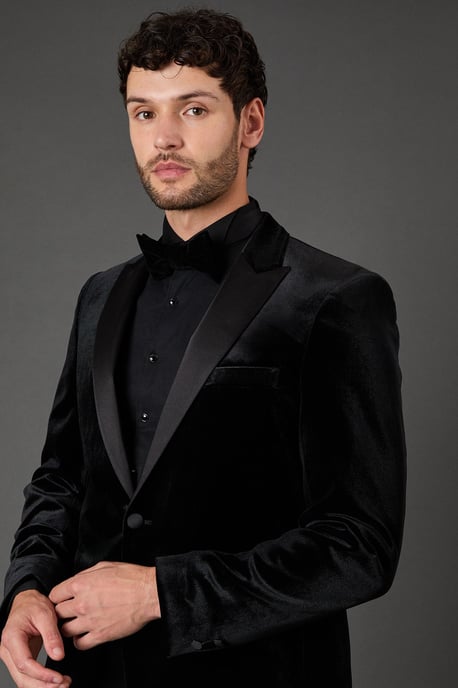 Black Velvet Slim Fit Tuxedo Jacket - Image 3