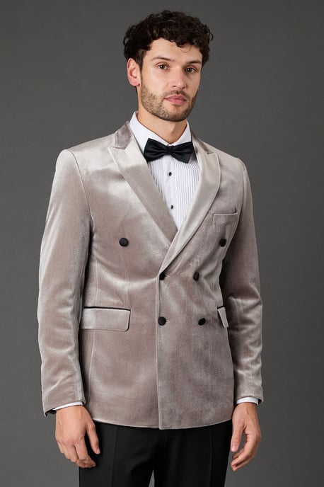 Taupe Velvet Double Breasted Tuxedo Jacket - Image 1