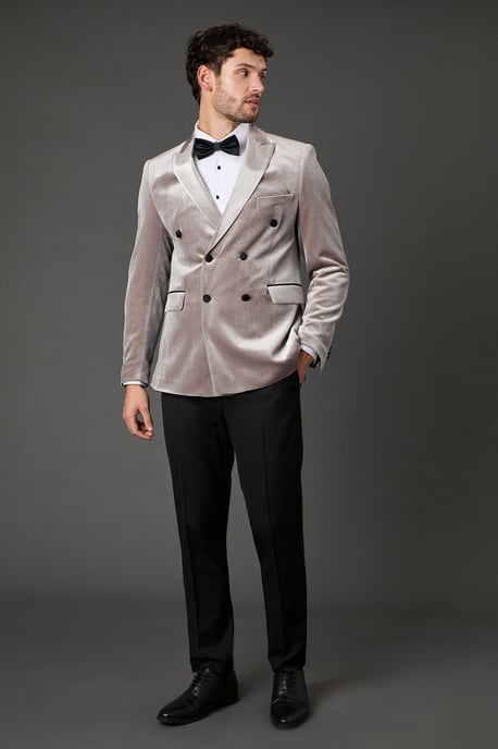 Taupe Velvet Double Breasted Tuxedo Jacket - Image 2