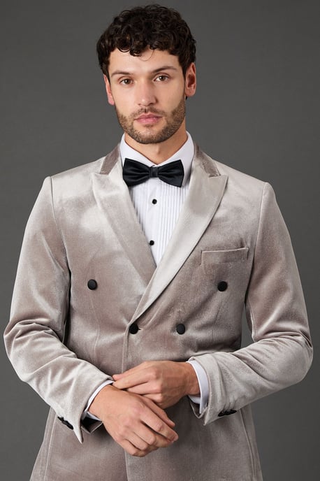 Taupe Velvet Double Breasted Tuxedo Jacket - Image 3