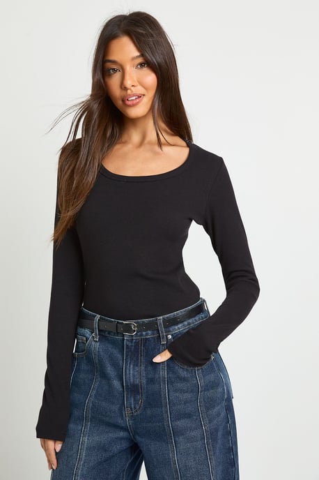 Basic Rib Scoop Neck Fitted Long Sleeve Top - Image 1