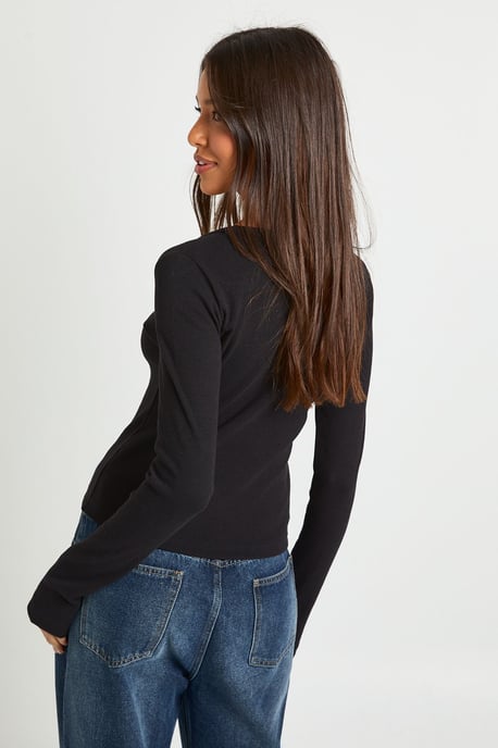 Basic Rib Scoop Neck Fitted Long Sleeve Top - Image 2