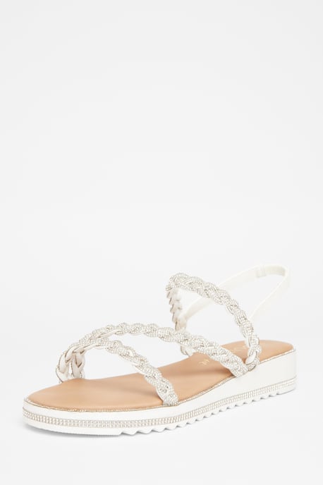 Wide Fit White Diamante Flat Sandals - Image 1