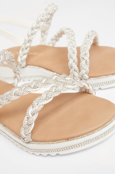 Wide Fit White Diamante Flat Sandals - Image 4