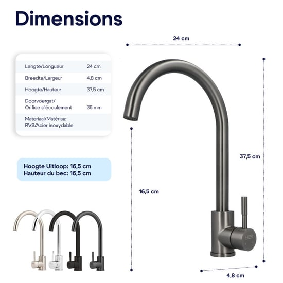Luzzo ® lesina keuken­ mengkraan gun metal – hoog model ronde uitloop 100% - Image 6