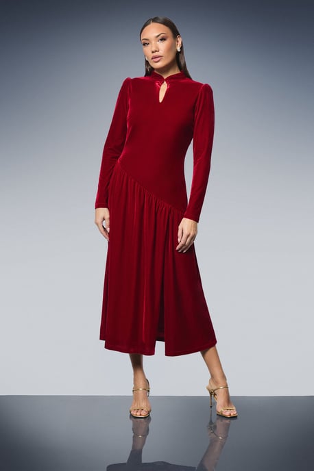 High Neck Twist Keyhole Detail Velvet Midaxi Dress - Image 1