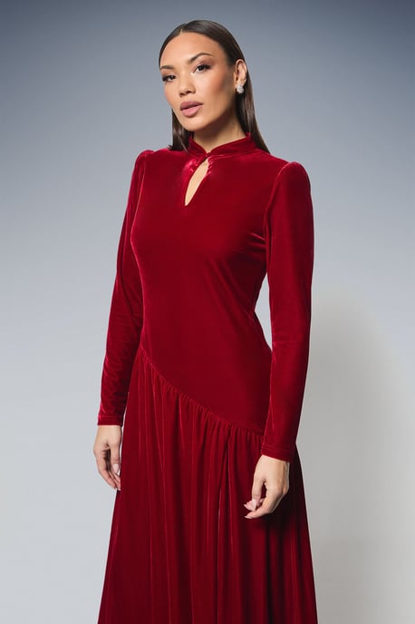 High Neck Twist Keyhole Detail Velvet Midaxi Dress - Image 2