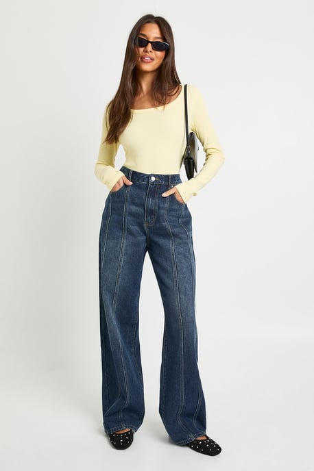 Basic Rib Scoop Neck Fitted Long Sleeve Top - Image 3