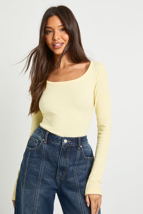 Basic Rib Scoop Neck Fitted Long Sleeve Top - Image 4