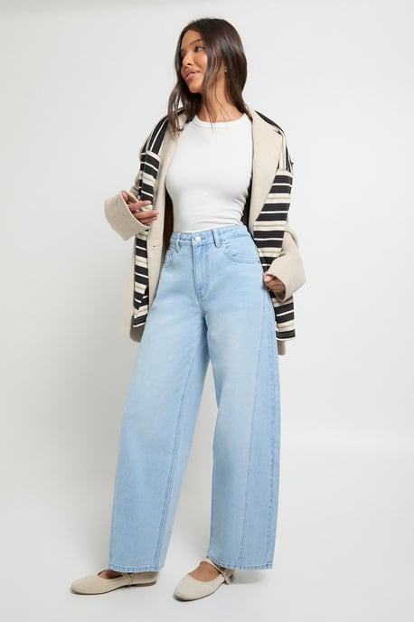 Mid Waist Twisted Seam Barrel Leg Jean - Image 1