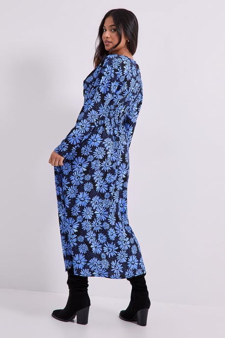 Petite Blue Daisy Shirred Waist Button Detail Midi Dress - Image 3